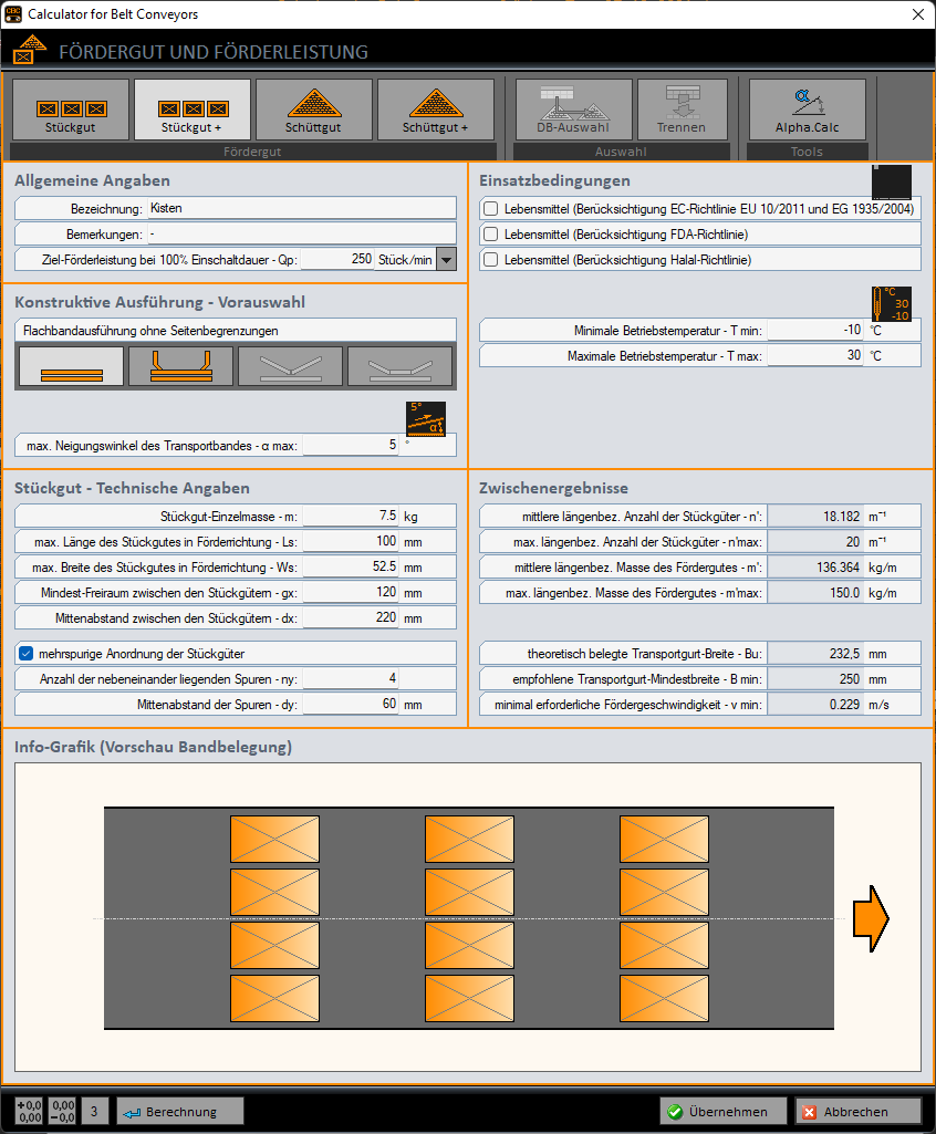 Calculator for Belt Conveyors - Fördergut und Förderleistung für Stückgüter