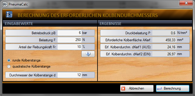 PneumaCalc - Ermittlung des erforderlichen Kolbendurchmessers