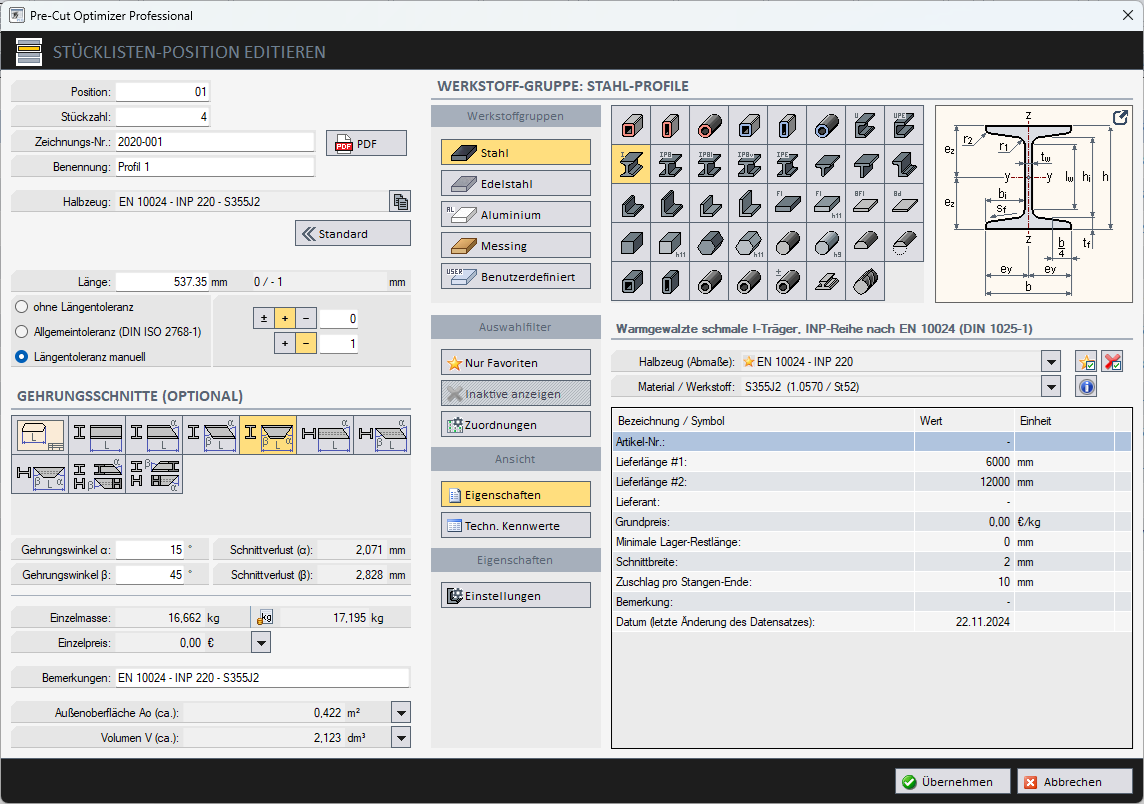 Pre-Cut Optimizer - Stücklistenposition bearbeiten